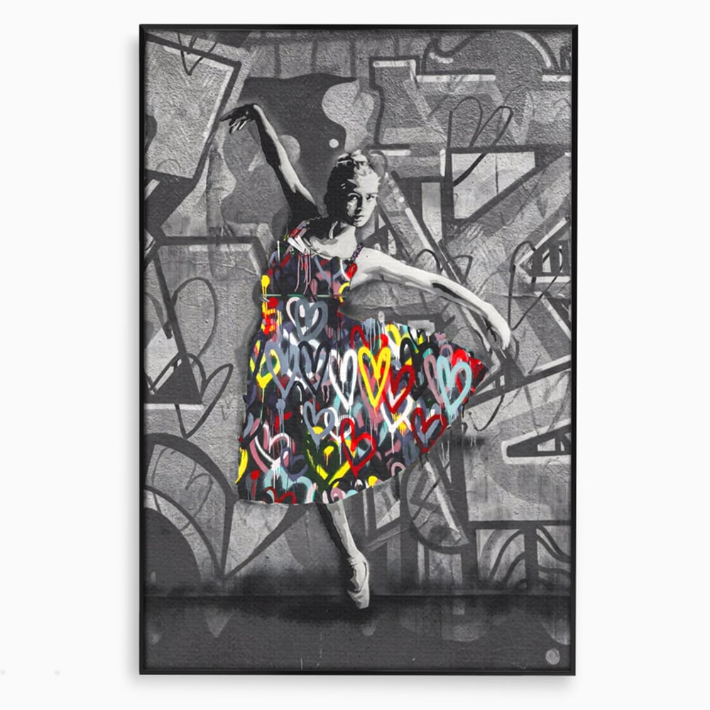 Tablou canvas cu tablou canvas cu balerina stilizata, in rama de aluminiu negru